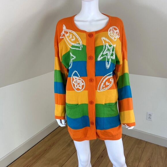 Vintage 80s 90s IB Diffusion Ocean Fish Striped Cardigan Sweater Beaded Sequin - Picture 1 of 11